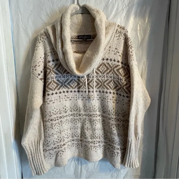 Eddie Bauer‎ Sweater Womens Large Cream Nordic Fair Isle Cottagecore Cowl Neck - Image 2