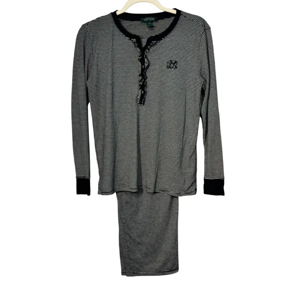 Lauren Ralph Lauren Womens Pajama Set Navy Blue White Striped Ruffle Henley M - Image 4