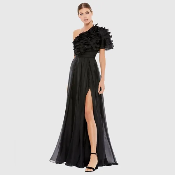 MAC DUGGAL Size 2 Black Ruffle Layered One Shoulder Gown Dress Maxi Formal - Image 3