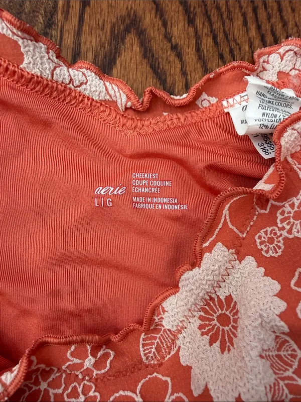 aerie Coral & White Floral Lace Bralette Bikini Set Top XL Bottom Large - Image 2