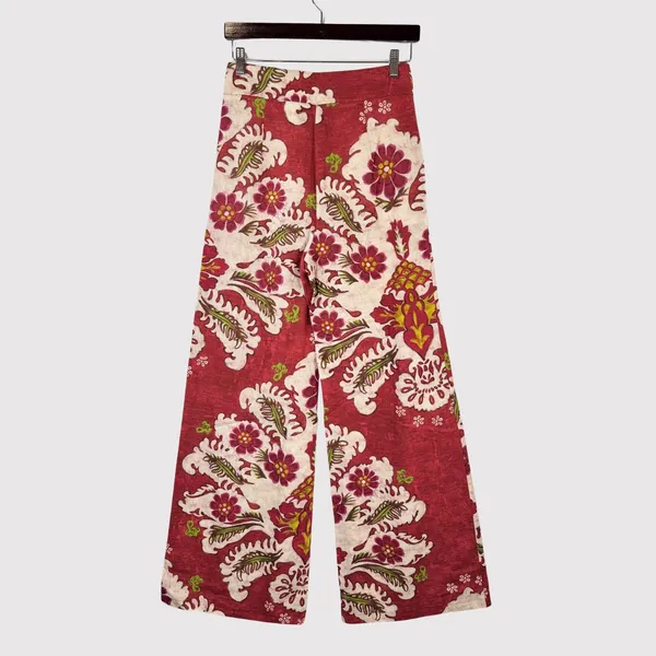 ZARA Womens Pants Red Floral Wide Leg Linen Blend Pleated Trouser Boho Small - Image 3