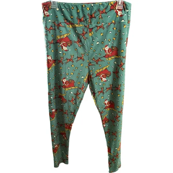 LuLaRoe Green Red Santa Reindeer Christmas Leggings Size TC2 - Image 4