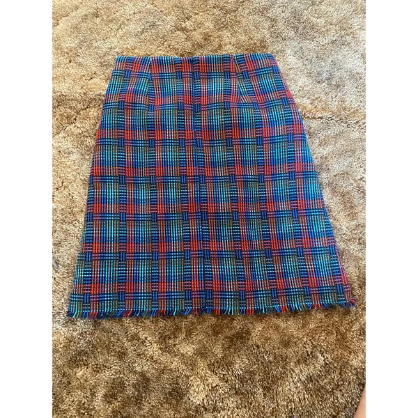 Boden Boucle Tweed Plaid Fringe Trim Mini Pencil Skirt Multicolor Flap Pocket - Image 4