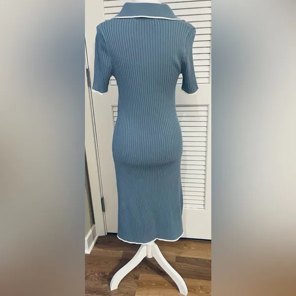 MEROKEETY Women's V Neck Ribbed Knit Midi Dress Short Sleeve Button Small - Image 5