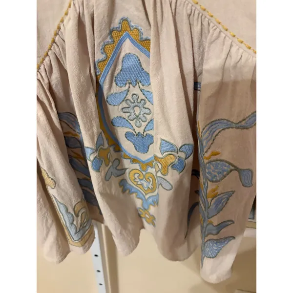 Blue Velvet Boho Embroidered Babydoll Top Beige Blue Yellow V-Neck S/M - Image 5