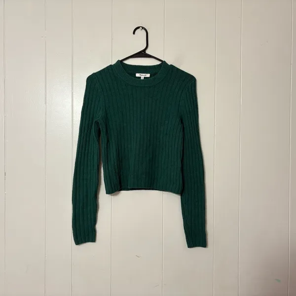 Madewell Readfield Ribbed Wool Blend Sweater XS Green Cropped Crewneck Knit N105 - Image 2