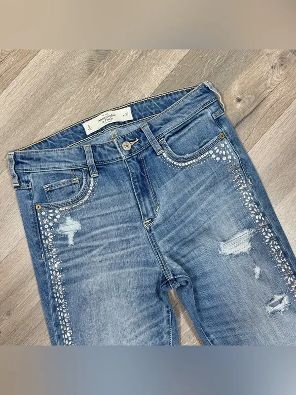 Abercrombie & Fitch Rhinestone Jeweled Distressed Skinny‎ Jeans Blue 4 - Image 4