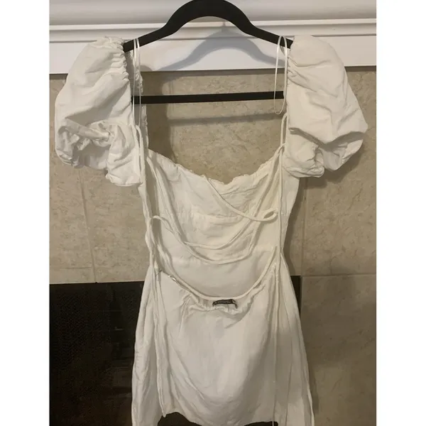 Zara Linen blend short dress puff Sleeve lace up white Size S Linen, Viscose - Image 5