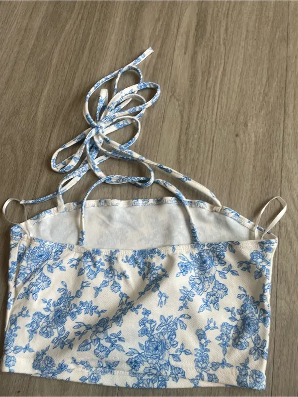 Blue Floral Halter Crop Top - Image 2