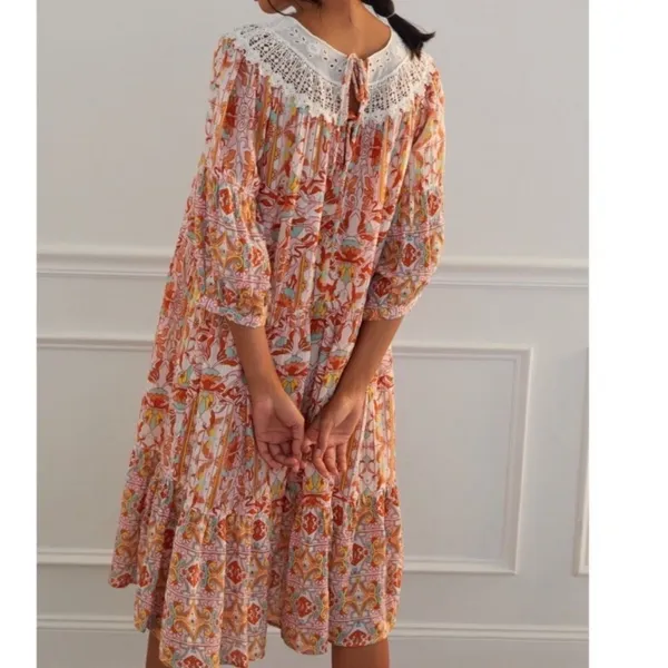 Anthropologie Lounge Dress Florence Floral Lace XS Boho Tiered Puff Sleeve - Image 10