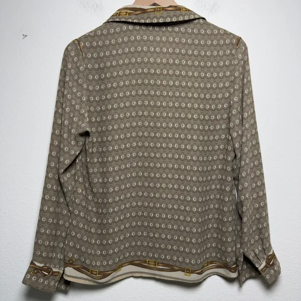 Alexis Women Blouse Small Taupe Equestrian Chain Scarf Print Button Down Classic - Image 7