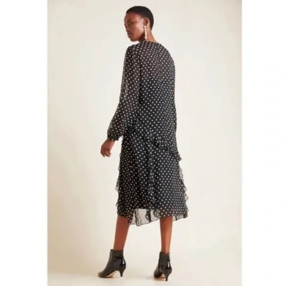 Maeve by Anthropologie Sheer PolkaDot Ruffle Midi Dress Womens Small Black/White - Image 2
