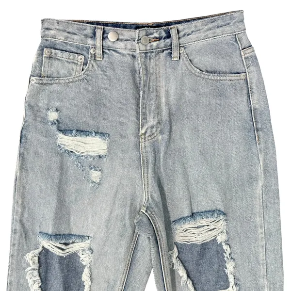 White Fox Light Wash High Rise Distressed Denim Straight Mom Jeans Size S 26" - Image 6