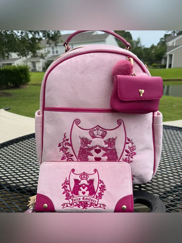 Juicy Couture Light Pink Velvet Backpack Set with Dark Pink Trim Scottie wallet - Image 2