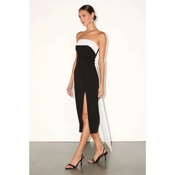 Lulus Fabulous Phenomenon Black and White Strapless Bow Midi Dress Small NWT - Image 3
