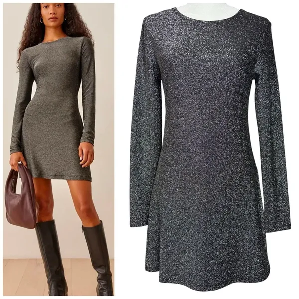 Reformation Dress M Riley‎ Fit & Flare Long Sleeve Metallic Dress Sparkly LBD - Image 2