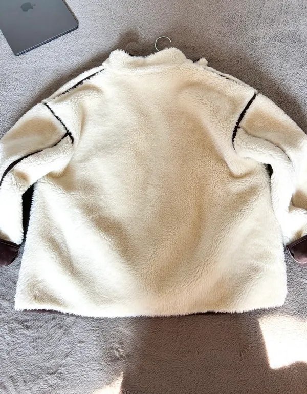 Cream Sherpa Jacket with Brown Trim White - Image 2