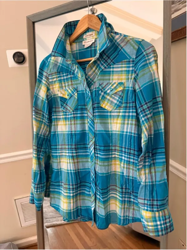 Women's Ariat Blue Yellow Plaid Fitted Button Down Shirt S - Image 2