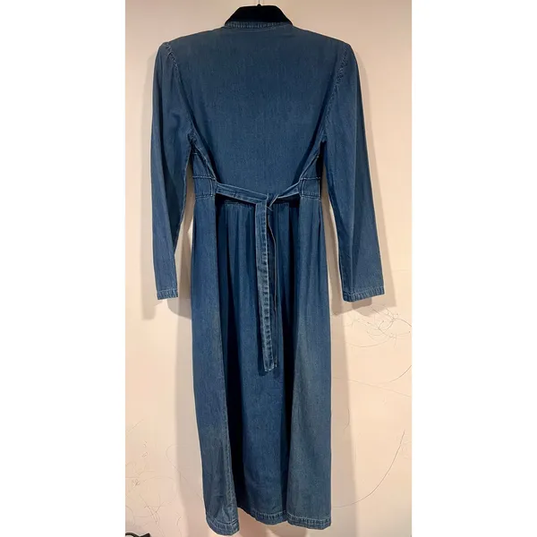 Vintage 90s Karin Stevens Denim Maxi Dress Velvet Collar Button Front 6P - Image 4