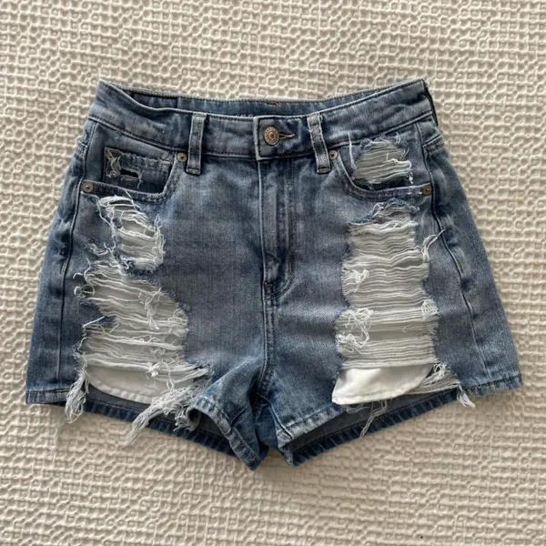 AMERICAN EAGLE High Rise Distressed Denim Mom Shorts Comfort Stretch Size 00 - Image 3