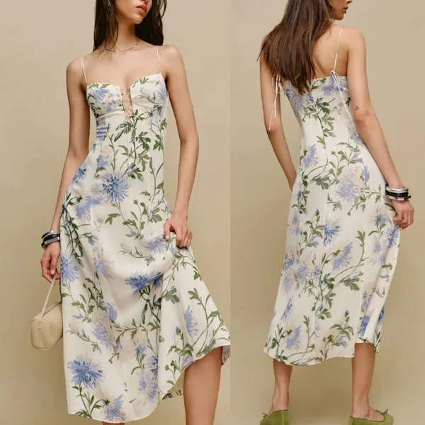 Reformation Emely Dress Midi Length Serenity Ivory Lilac Floral Lace Up French 8 - Image 4