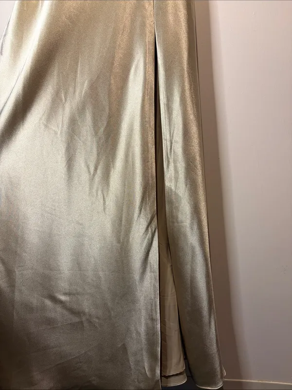 Birdy Grey NWT Lisa Long Shiny Satin Dress Neutral Champagne Size M - Image 9