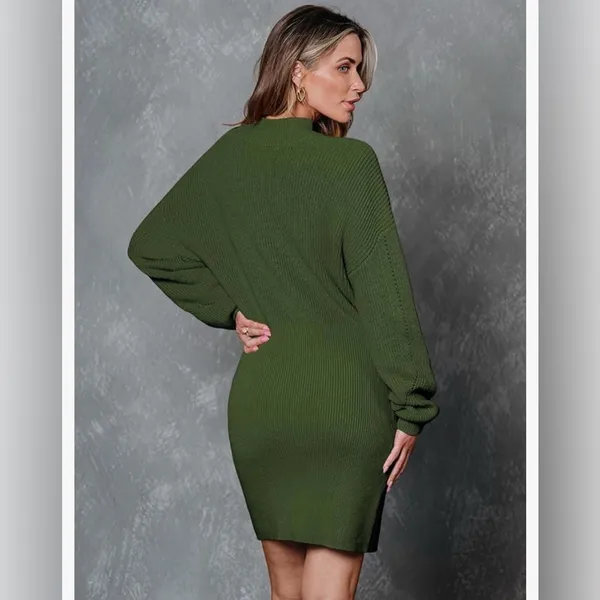 NEW Mock Neck Trendy Lantern Sleeve Ribbed Knit Bodycon Pullover Sweater Dress S - Image 2