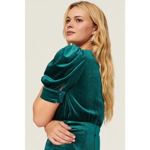 Yumi Kim Tamra Green Velvet Puff Sleeve Faux Wrap Midi Cocktail Dress Size Small - Image 4