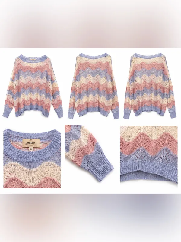 Entro Women’s Small Oversized Pastel Chevron Open Knit Sweater Pink Blue Cream - Image 6