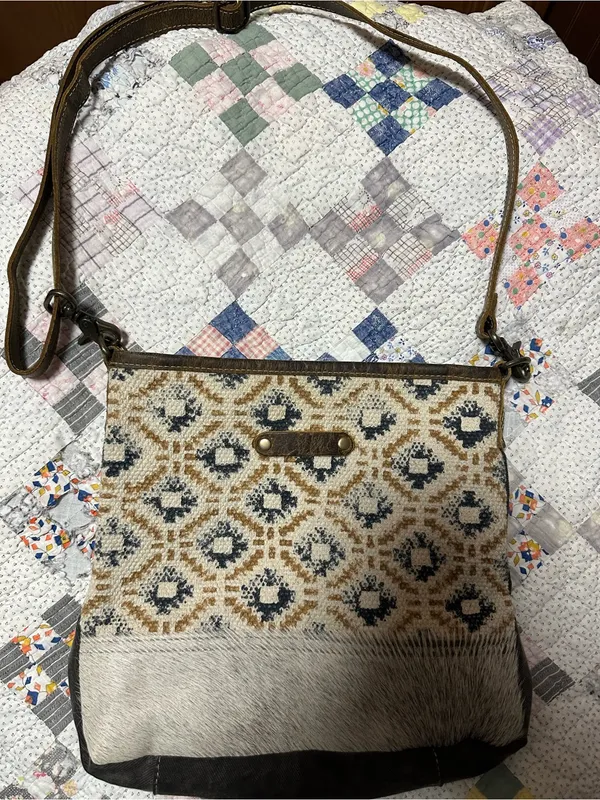 Myra Bag Beige, Brown and Black Patterned Crossbody with Haircalf Trim - Image 3