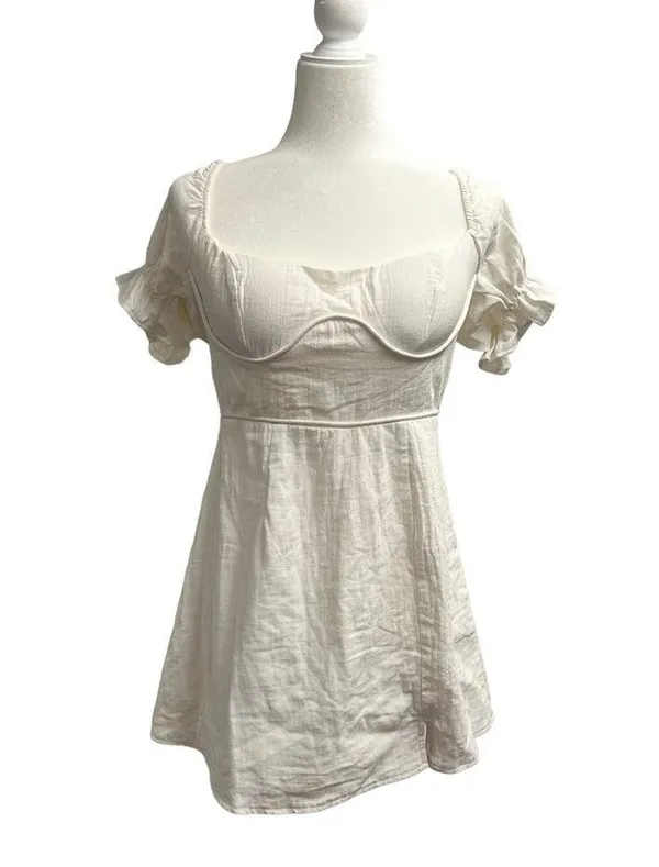 Here Comes the Sun NEW Norma Puff Sleeve Cutout Back Mini Dress White NWT - Image 4