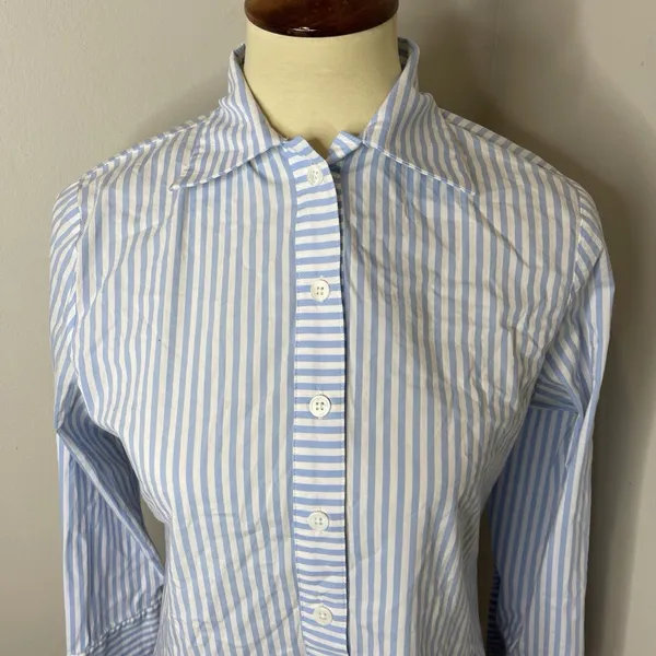 CK Bradley Blue White Stripe Cotton Blend Collared Tunic Blouse Medium‎ M - Image 6