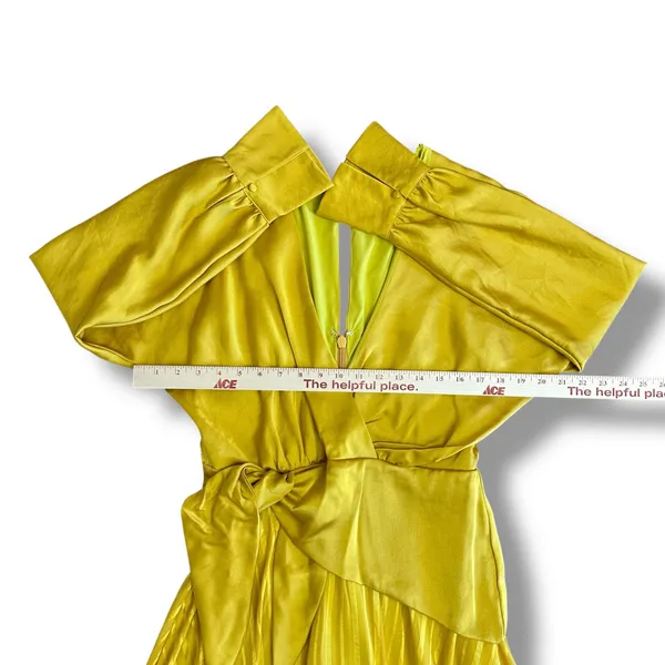Chartreuse Pleated Wrap Dress Long Sleeve Asym Hem Midi Yellow Women‎ - Image 3