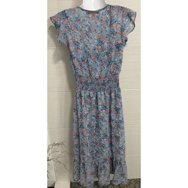 Gypsies & Moondust Flutter Sleeve Dusty Blue Floral Maxi Dress S, Ruffle Hem - Image 4
