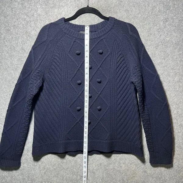 J.Crew Navy Blue‎ 100% Wool Sweater Bobble Diamond Cable Knit Crewneck Medium - Image 4