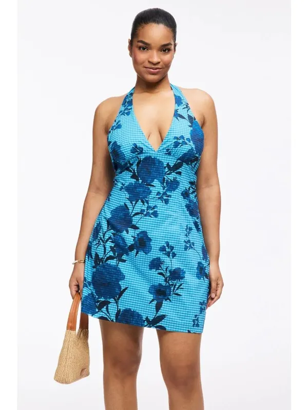 Jewel x Badgley Mischka Halter V-Neck Mini Dress in Blue 6 Womens Floral - Image 14