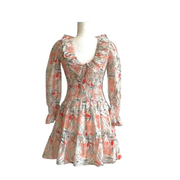 Vestique Sammie Dress Peach Green Floral Smocked Deep V-Neck Mini Small NEW - Image 2