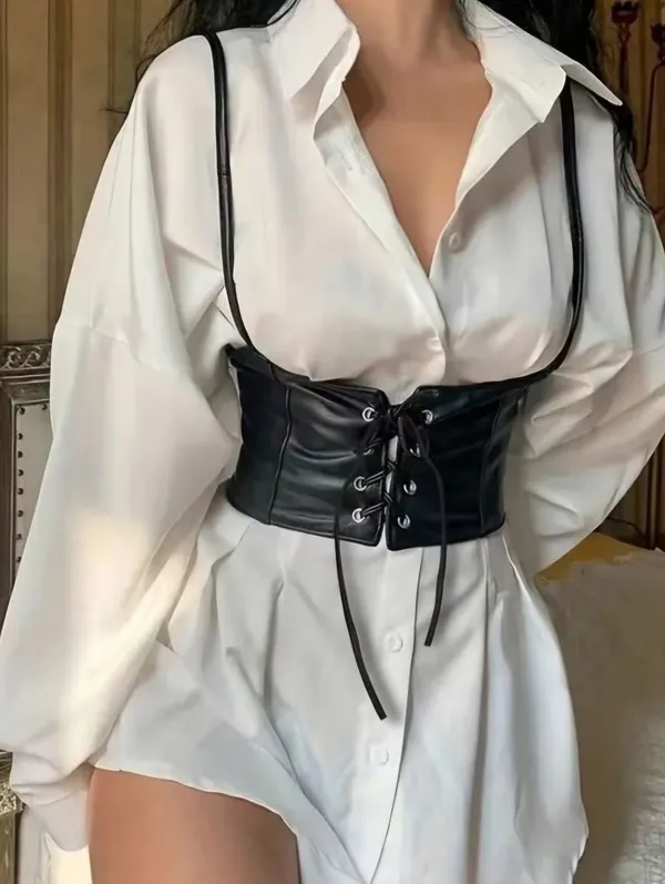 Black Lace Up Corset Style‎ Faux Leather Belt Waist Cincher One Size - Image 11