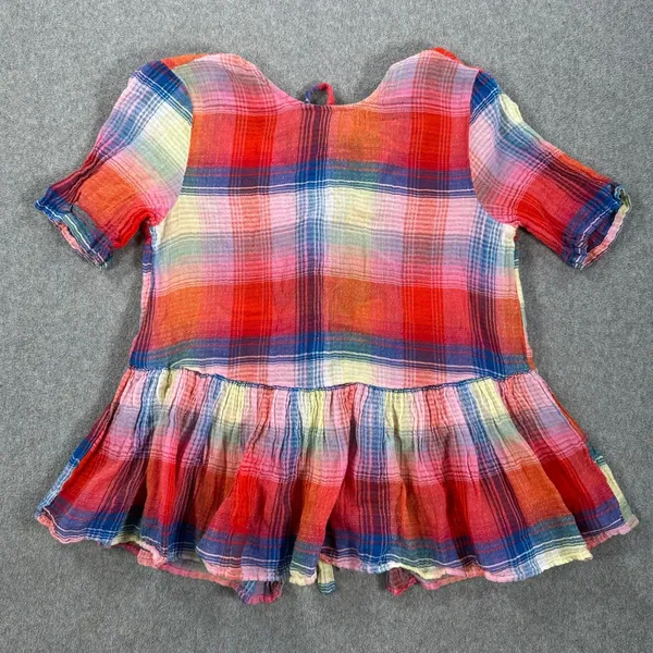 Zara Plaid Tie Back Peplum Shirt Womens Small Red Short Sleeve Ruffle Round Neck - Image 2