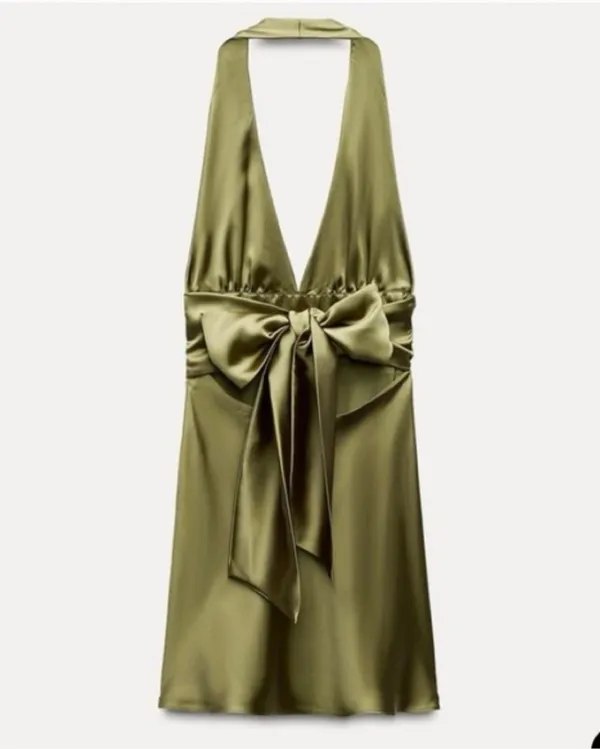 Zara dress halter open back tie bow Elegant Olive Green Satin wedding party - Image 14