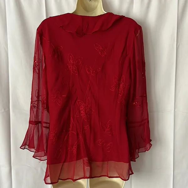 Silkland Gorgeous 💯% Silk Flutter Sleeves Red Sequin Shirt Top **Size L** 🔥🔥 - Image 2