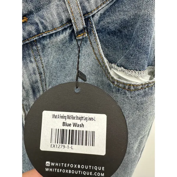 White Fox What A Feeling Mid Rise Straight Leg Jeans‎ Blue Wash Size L Raw Hem - Image 7
