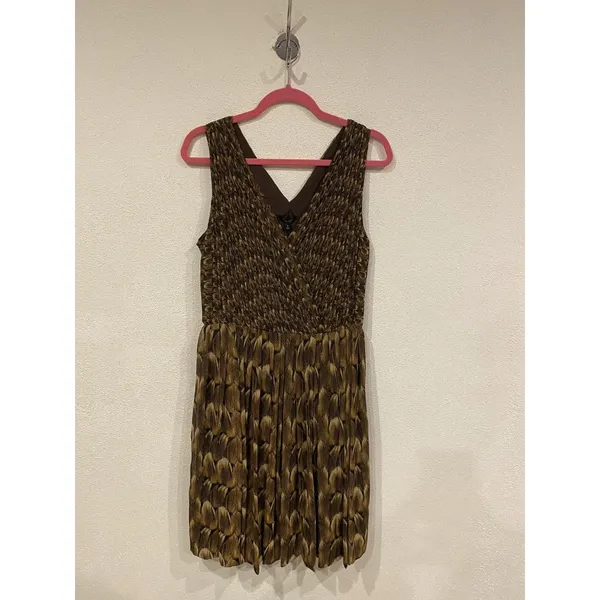 Talbots Dress Womens 12 Brown Feather Print Sleeveless Surplice Pleated A-Line - Image 2
