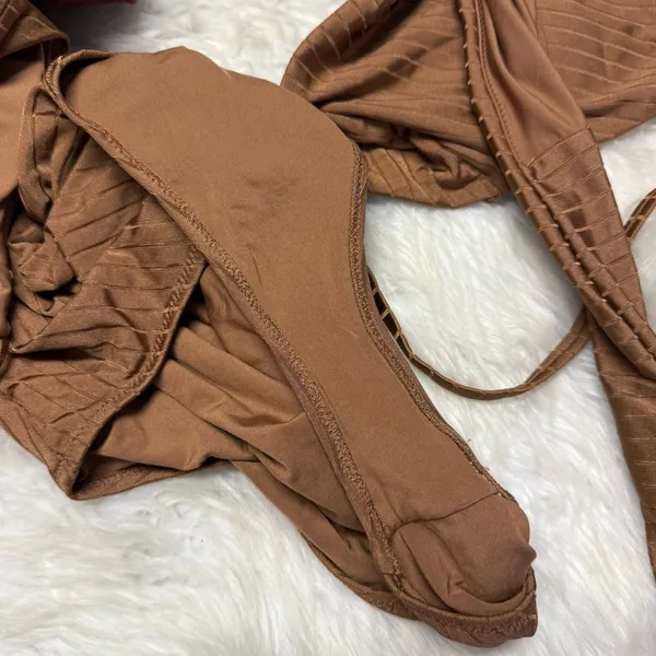 Aerie Ribbed Shine Wrap One Piece Swimsuit Medium Long Brown Full Coverage - Image 5