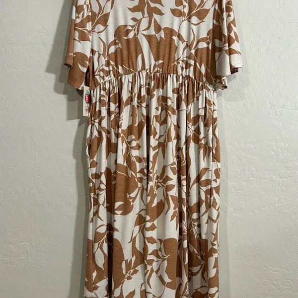SPLA Tan White Leaf Print Faux Wrap Midi Dress Ruffle Tropical Summer Large NWT - Image 7