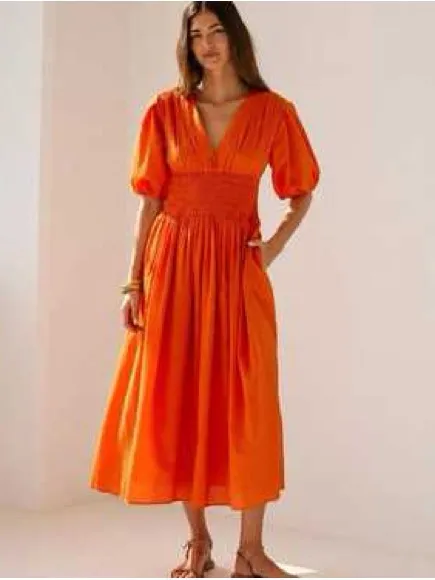 AYR Extra Extra Midi Dress Cara Orange Smocked Waist Tiered Cotton Size Small - Image 12