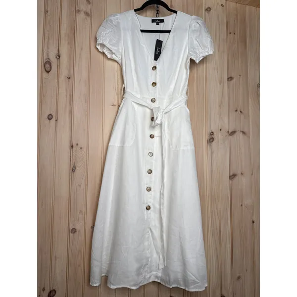 NWT Lulus Sicily Sweetheart White Button-Front Puff Sleeve Midi Dress Size S - Image 2