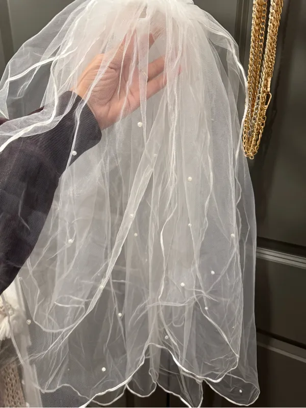 White Wedding Veil | Triple (3) Tier with Pearl Accents - Image 6