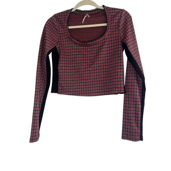 ✨Free People Boston Square Neck Sz Medium Tee Red Plaid Long Sleeve✨ - Image 4