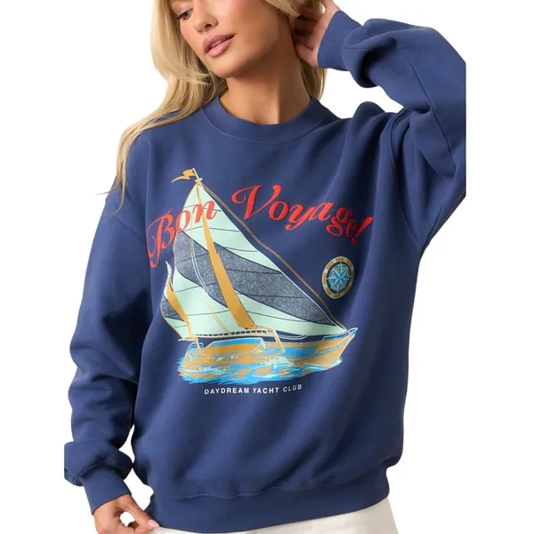 DAYDREAMER Bon Voyage BF Sweatshirt in Washed Indigo, Size Small New without Tag - Image 9